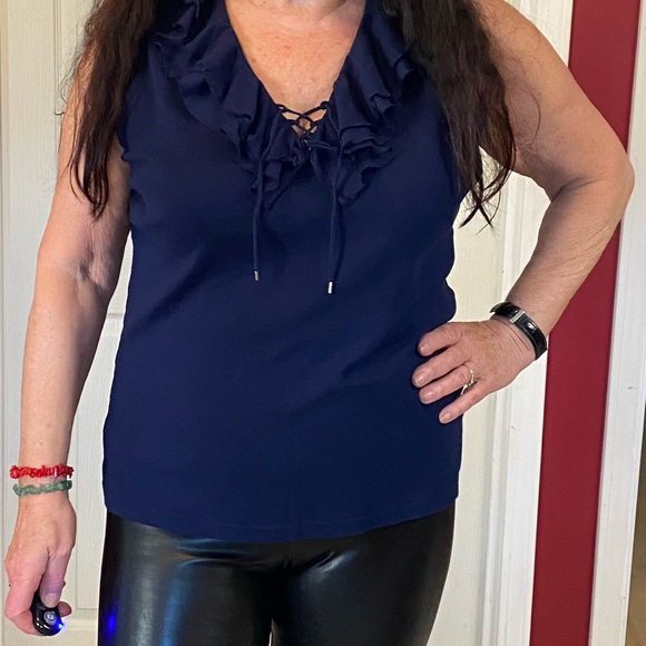 Chaps women's Basic top navy blue Ruffle front sleeveless size XL - Picture 6 of 11